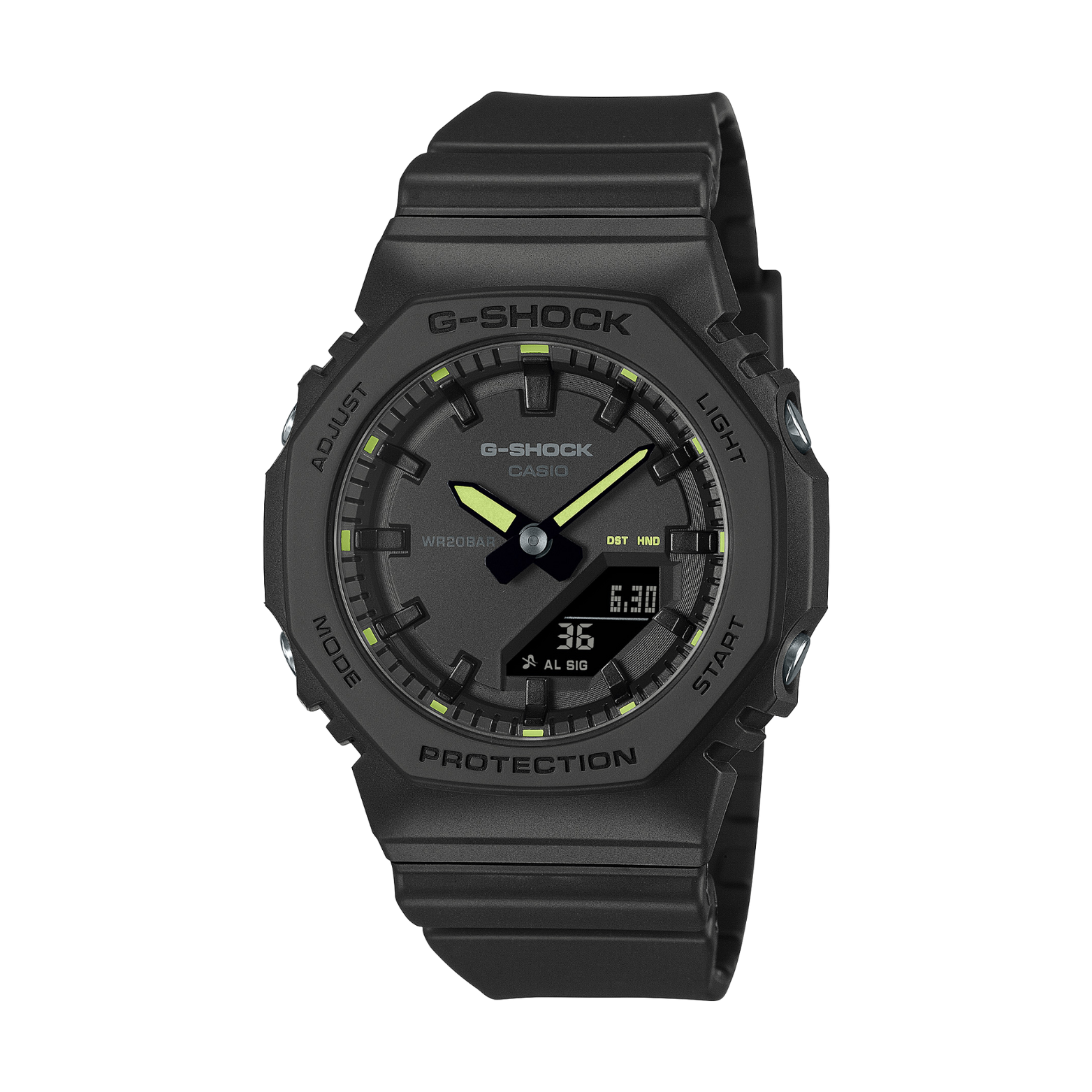 Black G-Shock watch with yellow accents on a white background