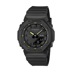 Black G-Shock watch with yellow accents on a white background