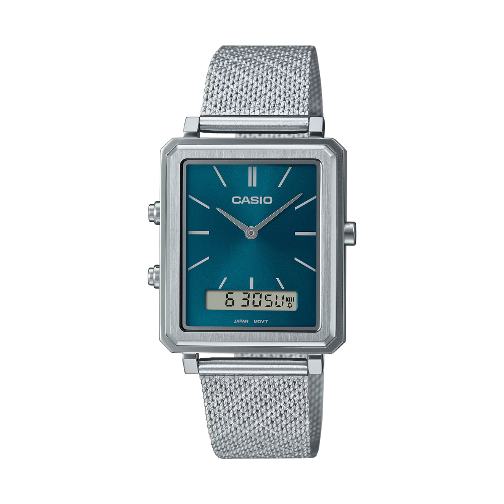 Casio watch with silver mesh strap and blue rectangular display on a white background