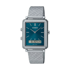 Casio watch with silver mesh strap and blue rectangular display on a white background
