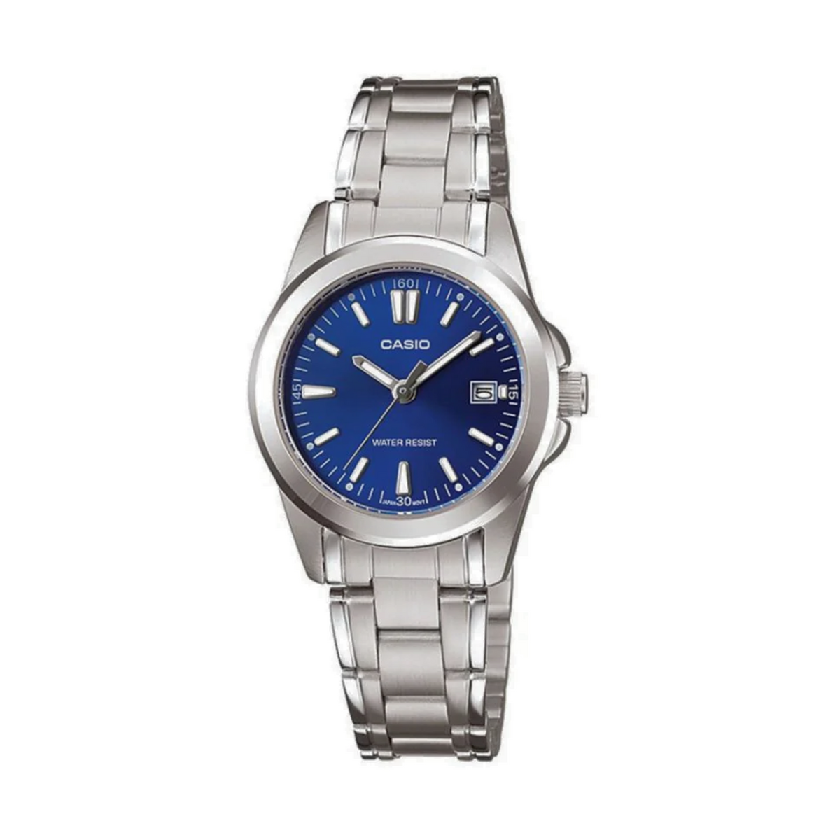 Casio watch with blue dial and silver metal strap on a white background