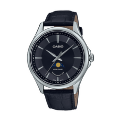 Casio watch with black leather strap and dark face on a white background