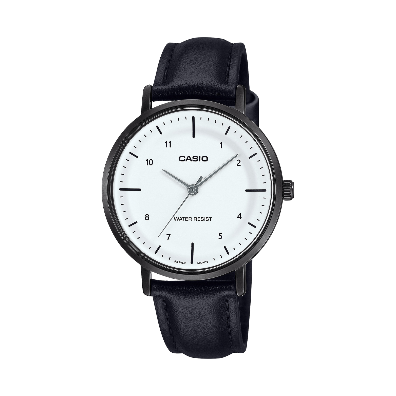 Casio watch with black leather strap and white dial on a white background