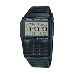 Black Casio digital watch with calculator on a white background