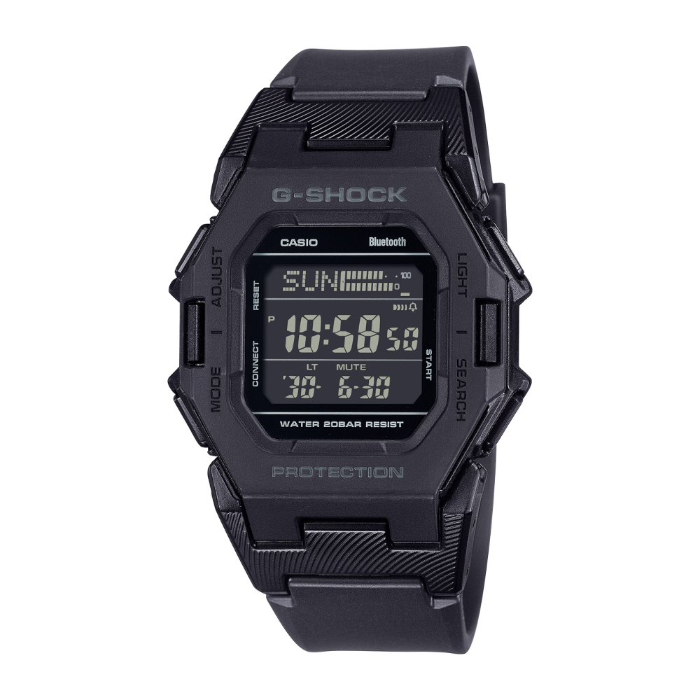 Black Casio G-Shock digital watch on a white background