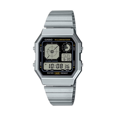 Casio digital watch with metallic band on a white background