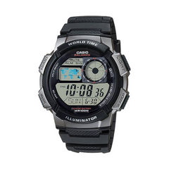 Casio digital watch with black strap on a white background
