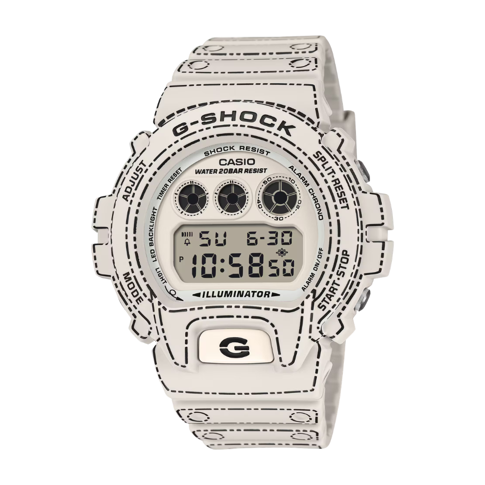 G-Shock digital watch with white and black design on a white background
