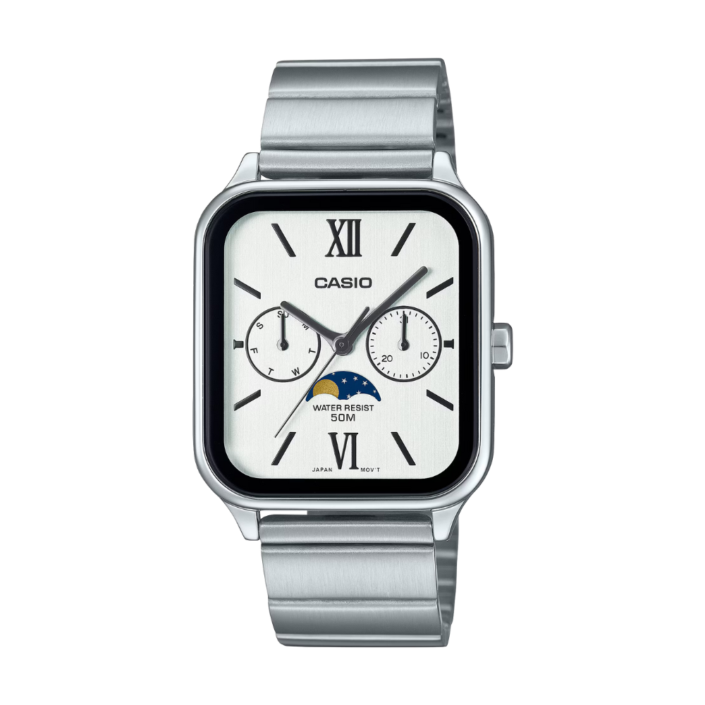 Silver Casio watch with a white face on a white background