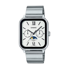 Silver Casio watch with a white face on a white background