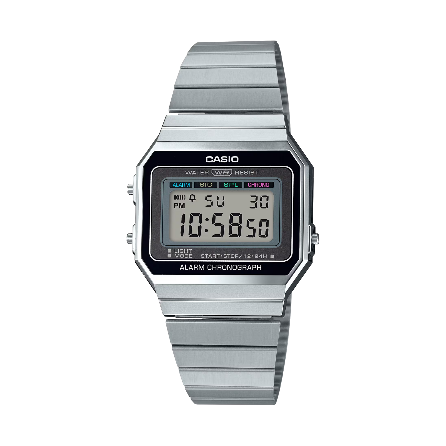 Casio digital watch with metallic band on a white background