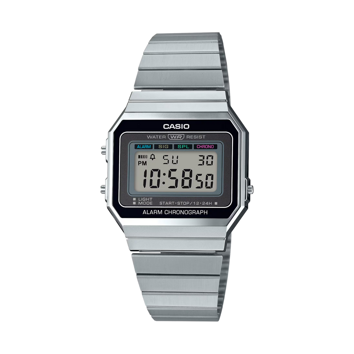 Casio digital watch with metallic band on a white background