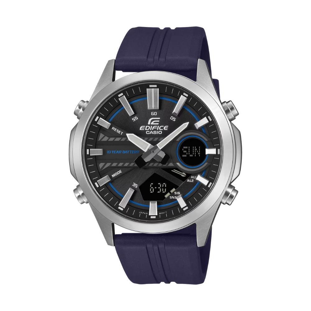 Casio Edifice watch with blue strap on a white background