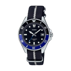 Casio watch with black strap and blue bezel on a white background