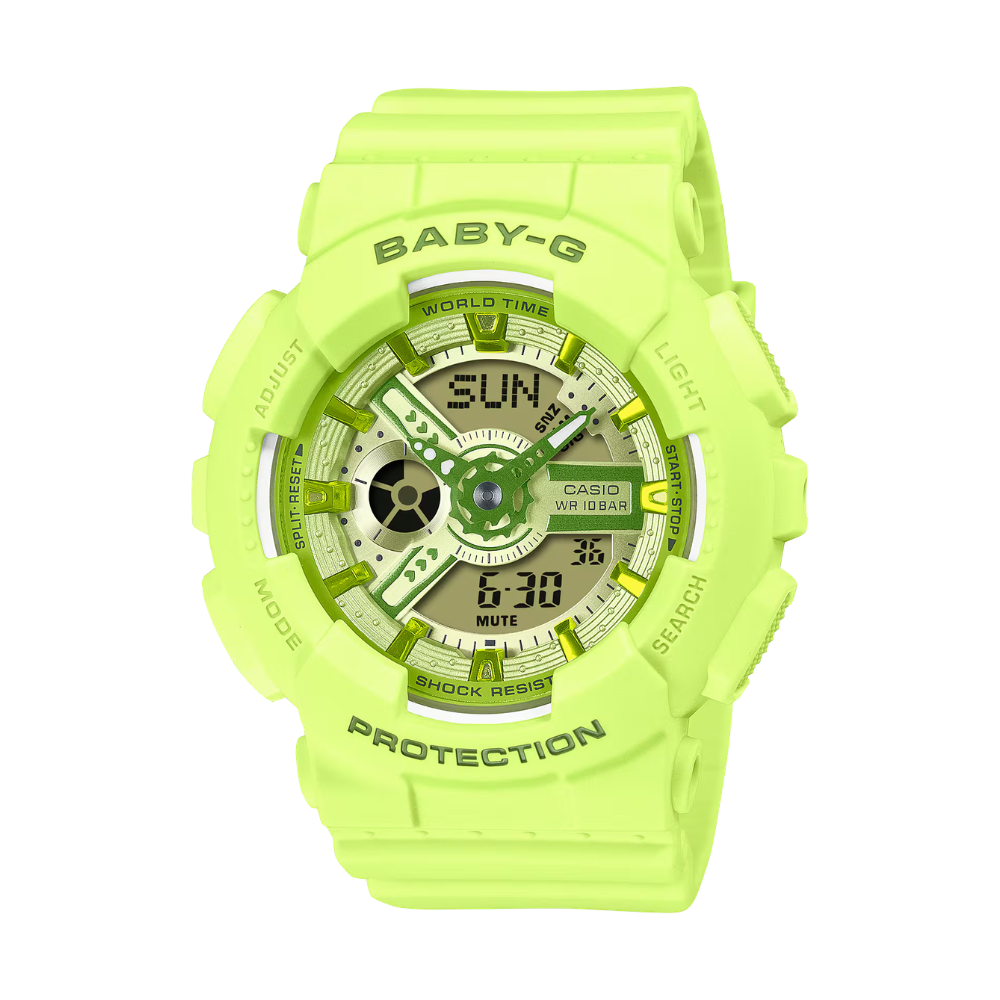 Neon green Casio Baby-G watch on a white background