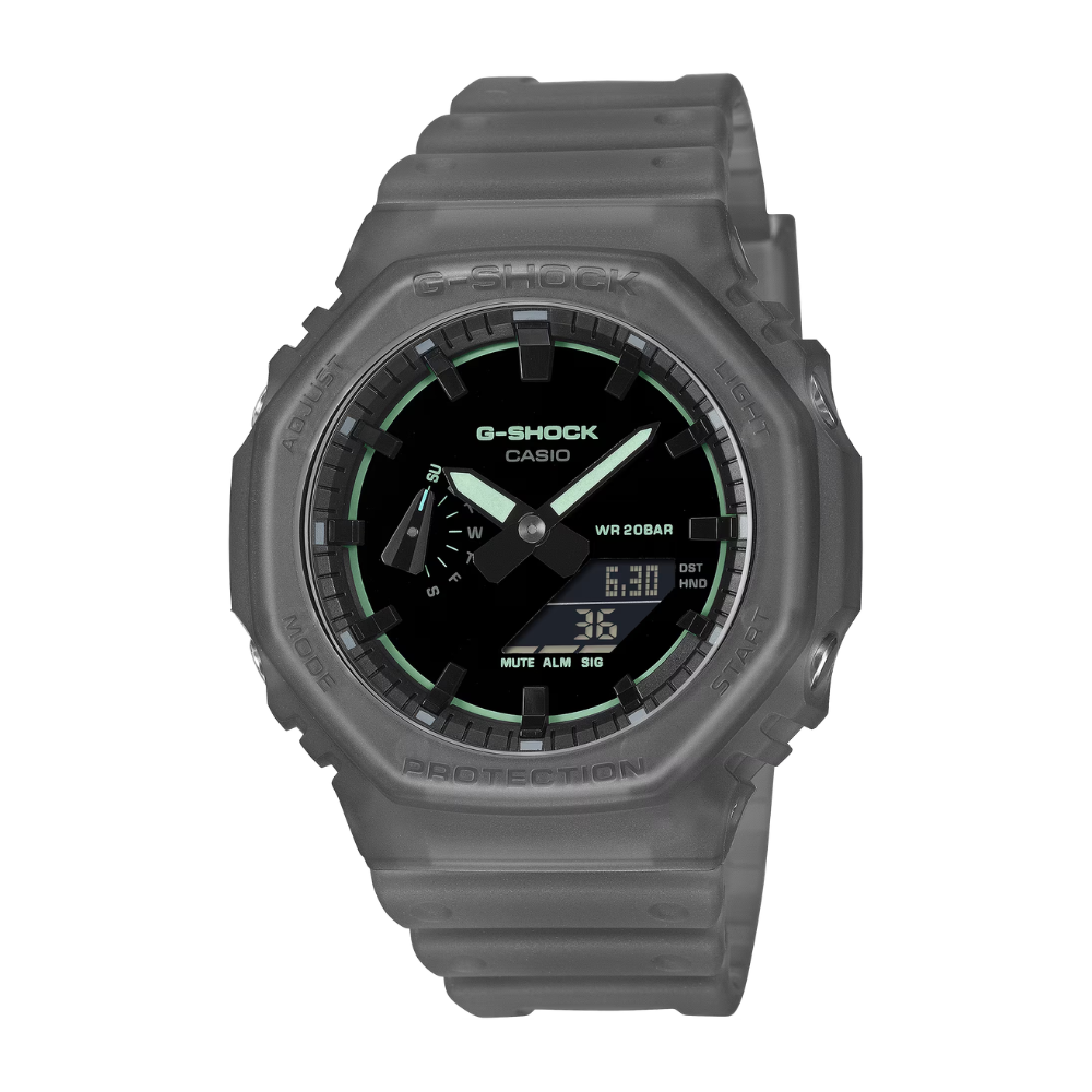 G-Shock Casio watch with a gray case and black face on a white background