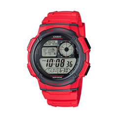 Red Casio digital watch on a white background