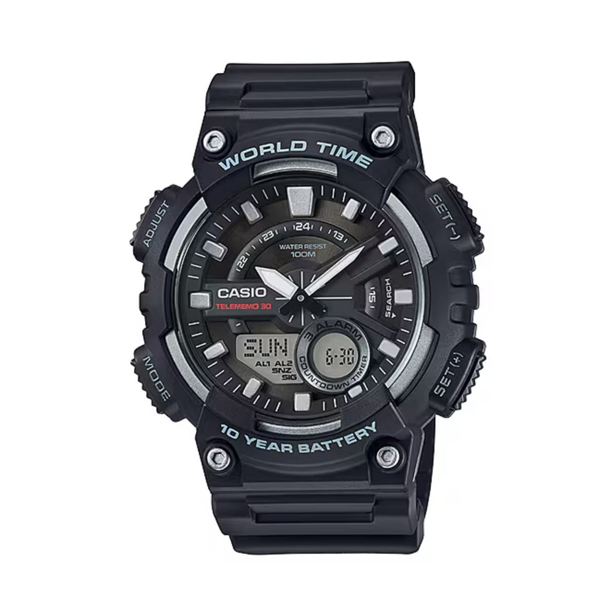Black Casio watch with digital and analog display on a white background