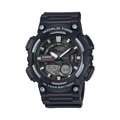Black Casio watch with digital and analog display on a white background