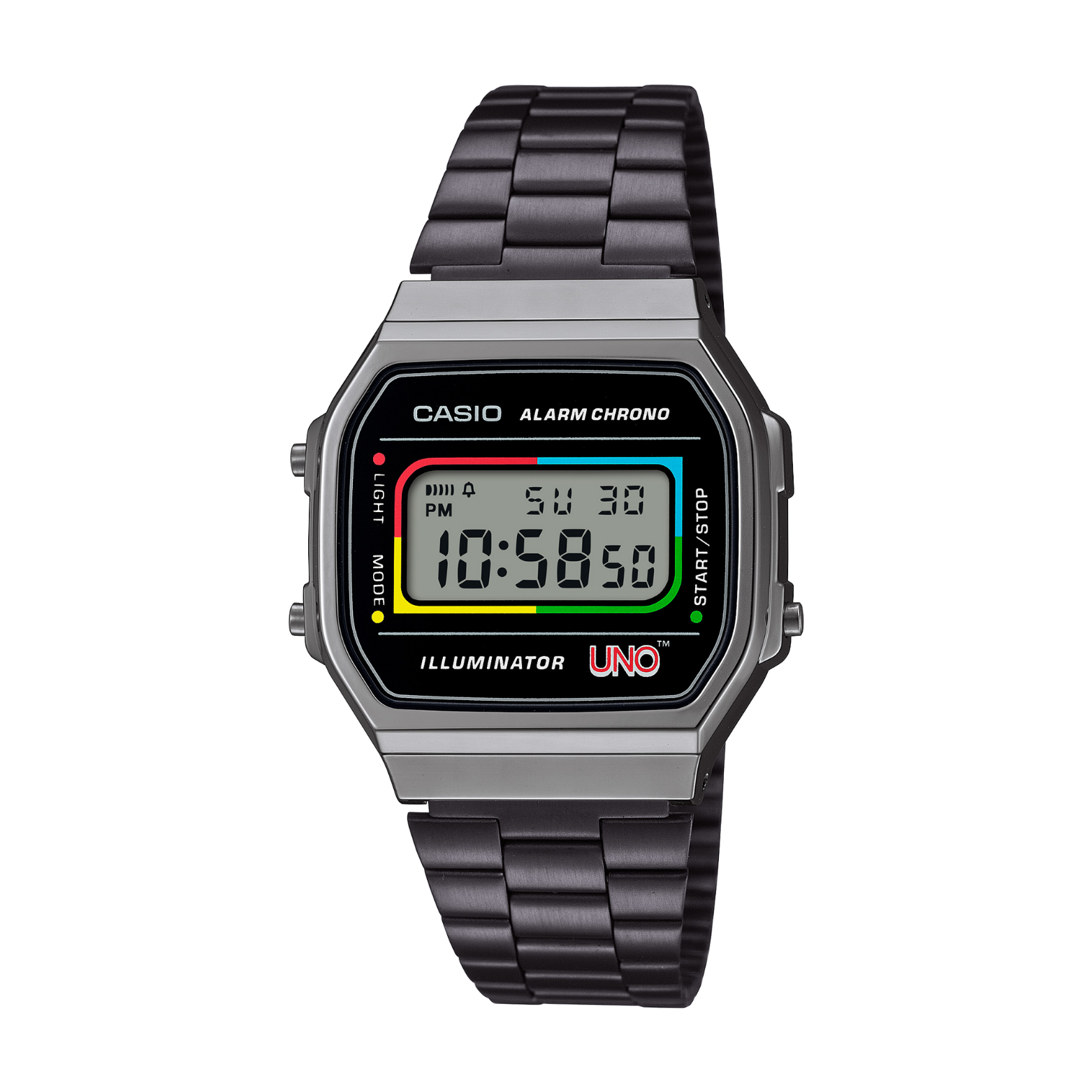 Casio digital watch with black metal strap on a white background