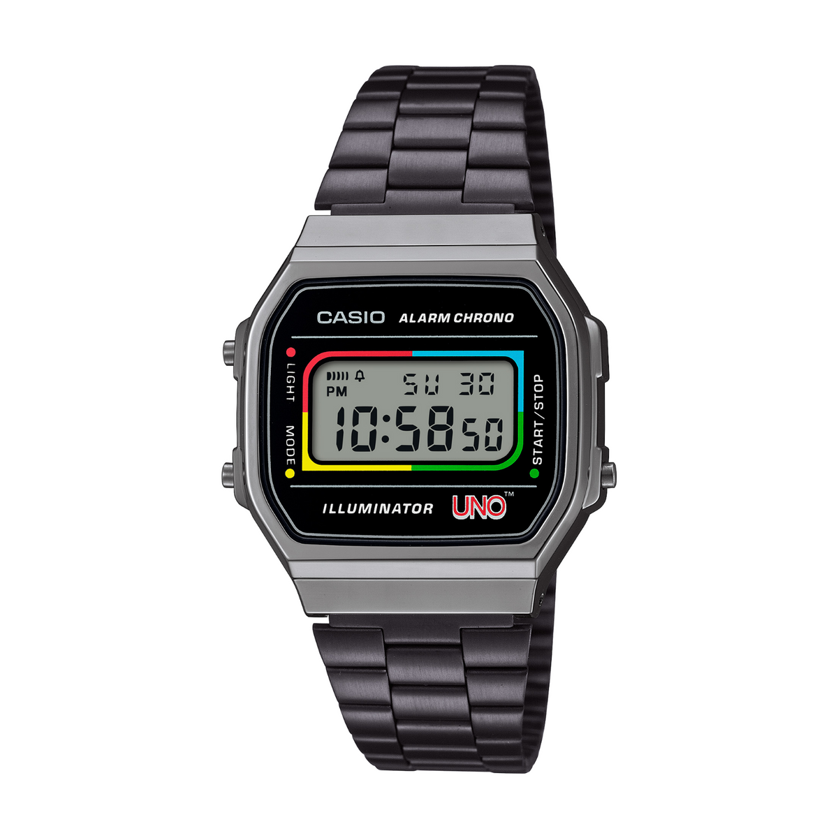 Casio digital watch with black metal strap on a white background