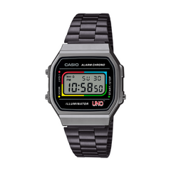 Casio digital watch with black metal strap on a white background