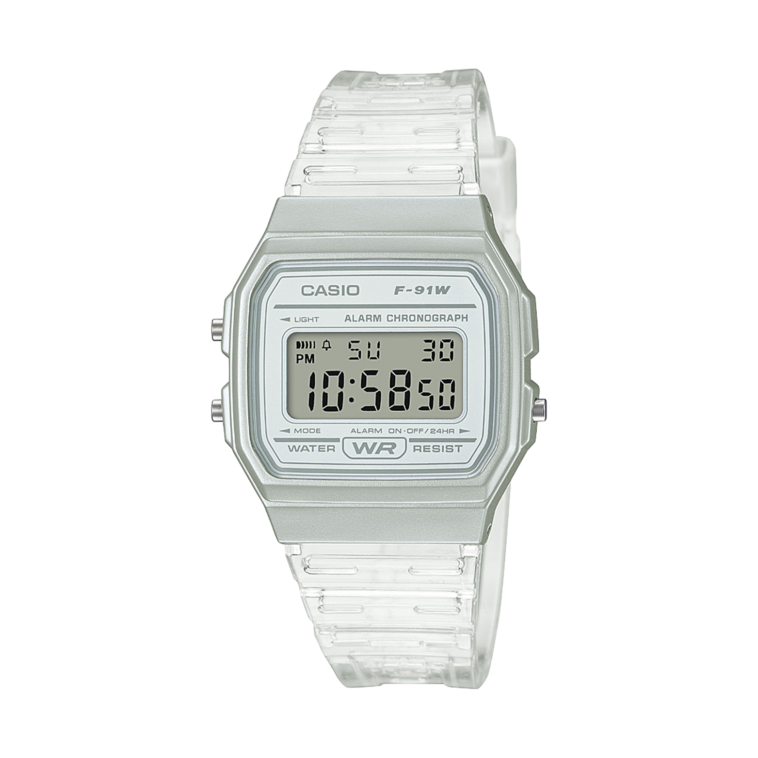 Clear digital watch with Casio branding on a white background