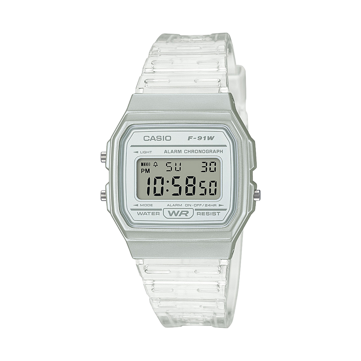 Clear digital watch with Casio branding on a white background