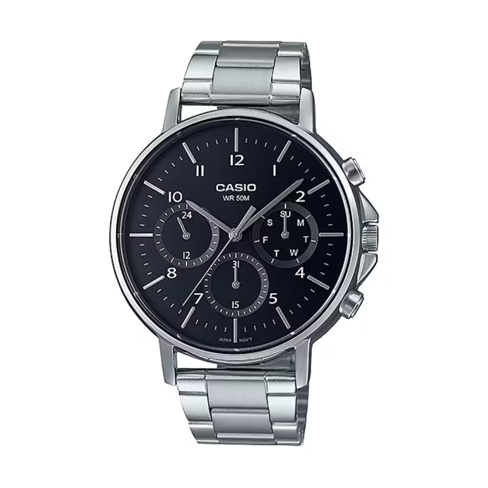 Casio watch with black dial and silver metal strap on a white background