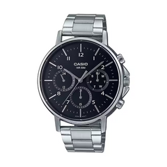 Casio watch with black dial and silver metal strap on a white background