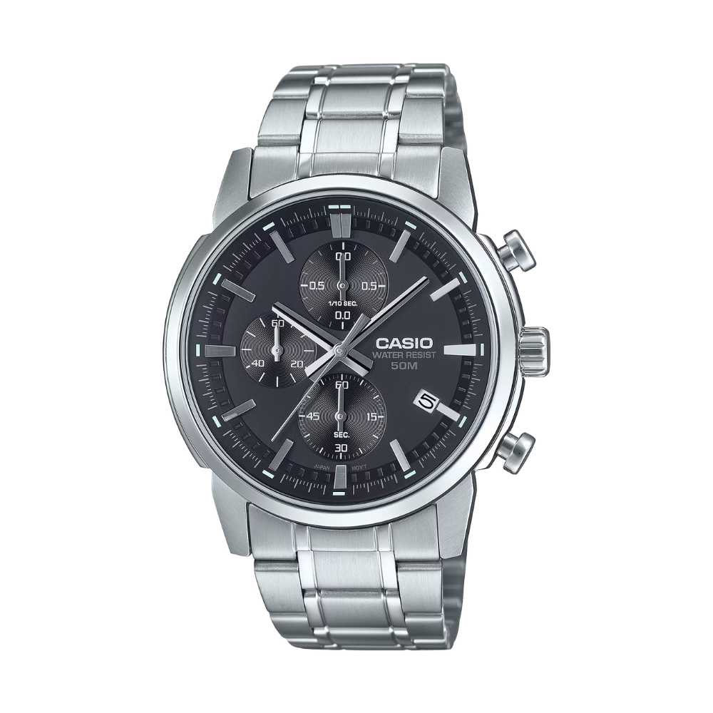 Silver Casio watch with black face on a white background