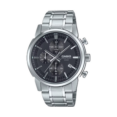 Silver Casio watch with black face on a white background