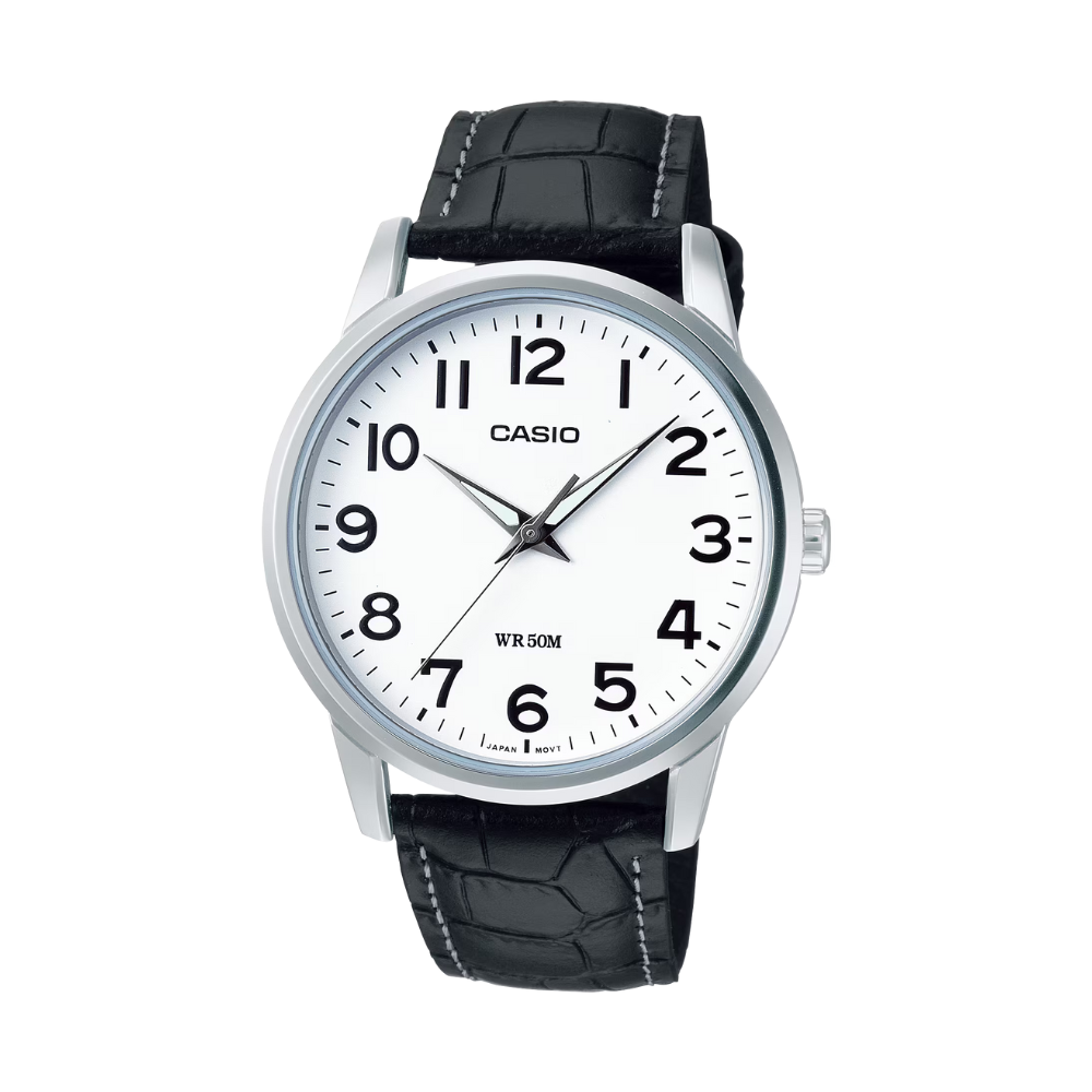 Casio watch with black leather strap on a white background