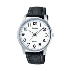 Casio watch with black leather strap on a white background