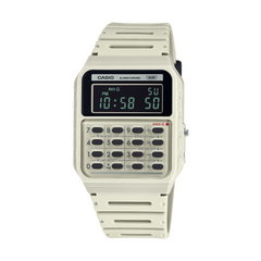 Casio digital watch with a beige strap on a white background