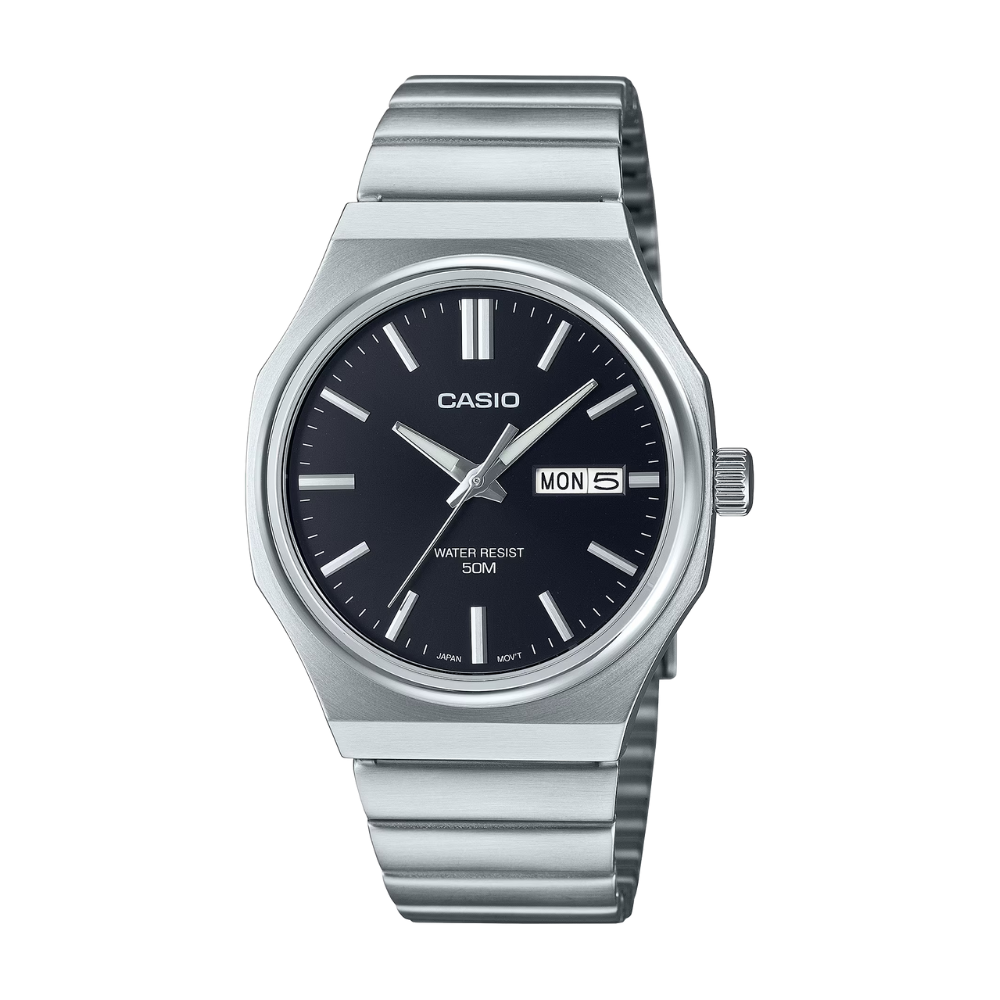 Casio watch with black face and silver band on a white background