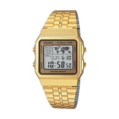 Gold Casio digital watch on a white background