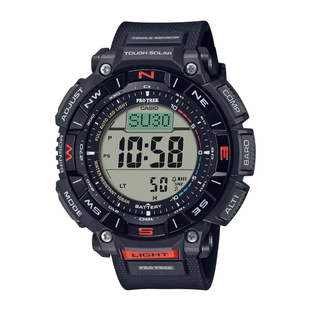 Black Casio Pro Trek digital watch on a white background