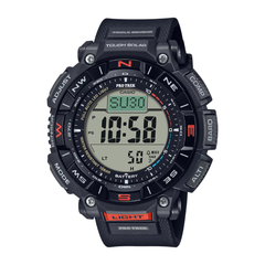 Black Casio Pro Trek digital watch on a white background