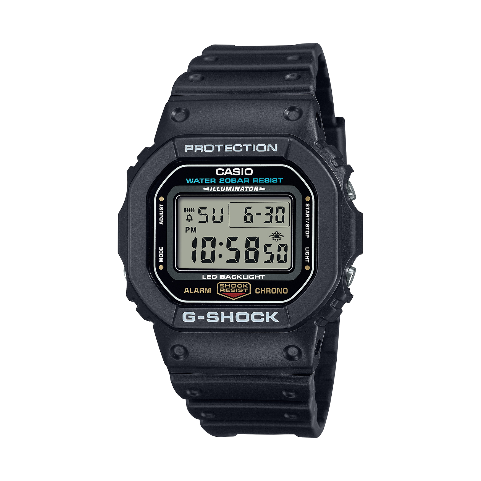 Black Casio G-Shock digital watch on a white background