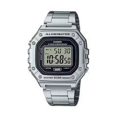 Silver Casio digital watch on a white background