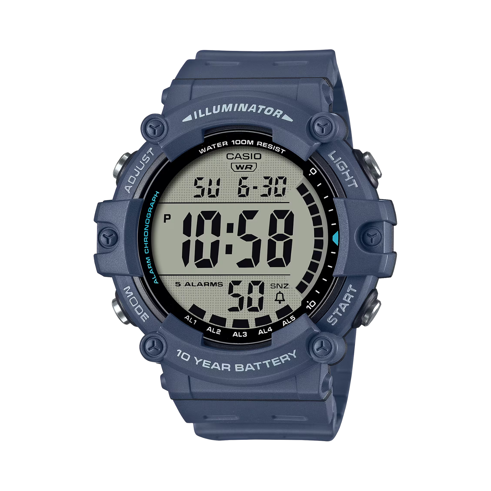 Blue digital watch with digital display on a white background