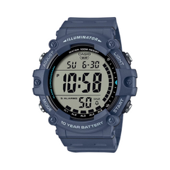 Blue digital watch with digital display on a white background