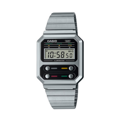 Casio digital watch with metallic band on a white background