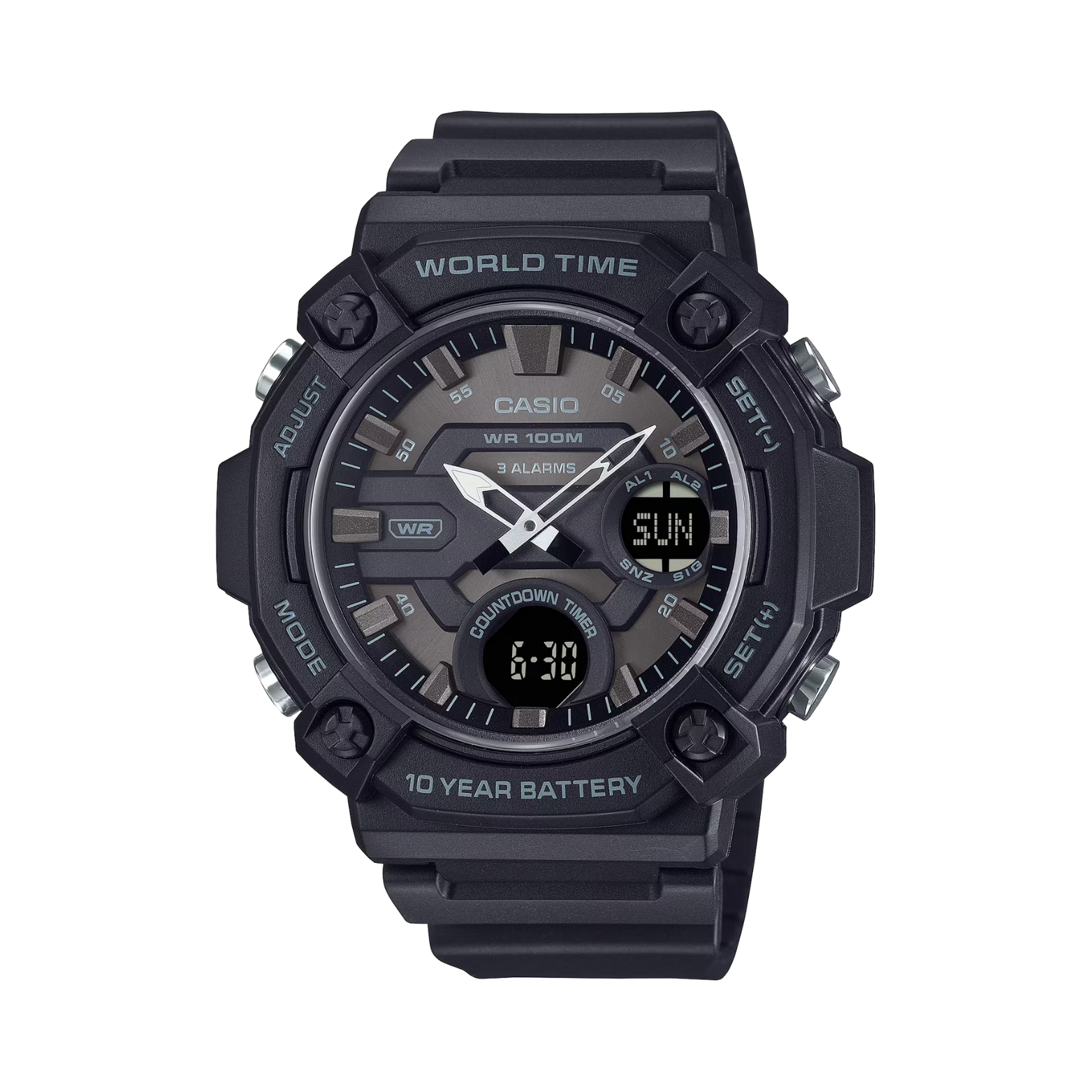 Black Casio watch with digital and analog display on a white background