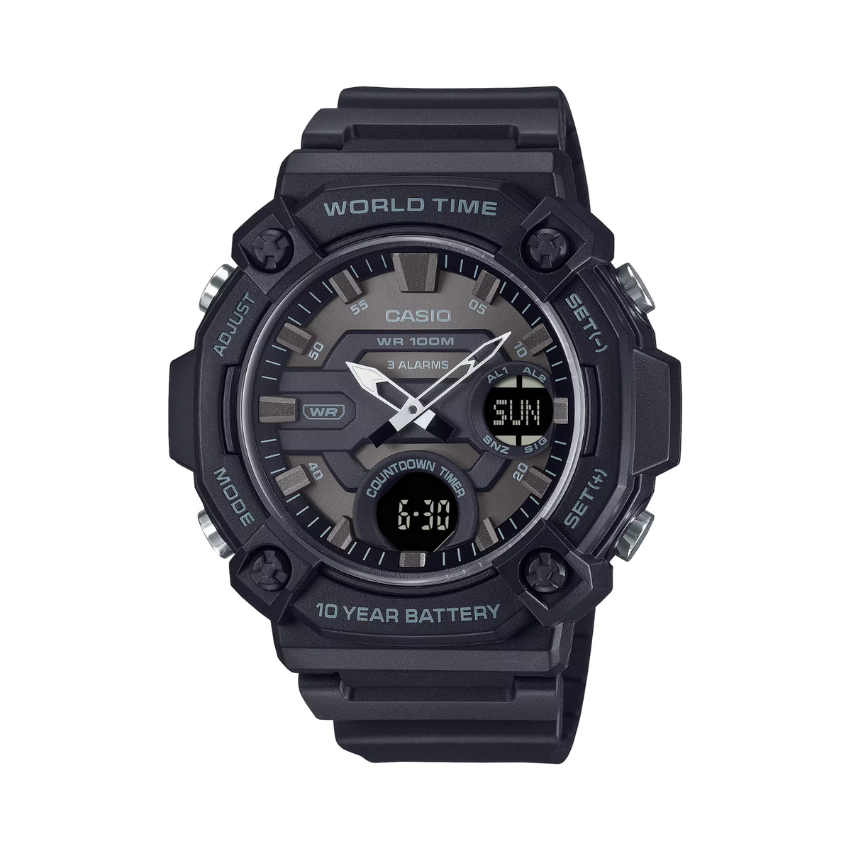 Black Casio watch with digital and analog display on a white background