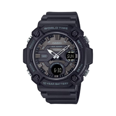 Black Casio watch with digital and analog display on a white background