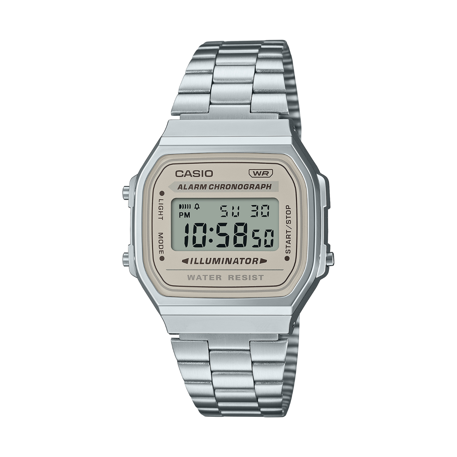 Silver Casio digital watch on a white background