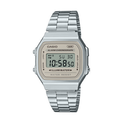 Silver Casio digital watch on a white background