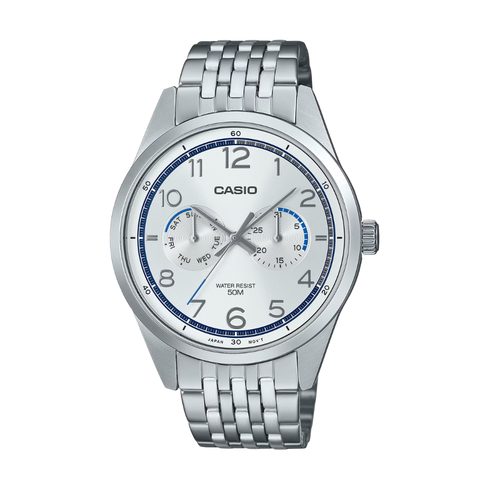 Casio watch with silver metal strap on a white background